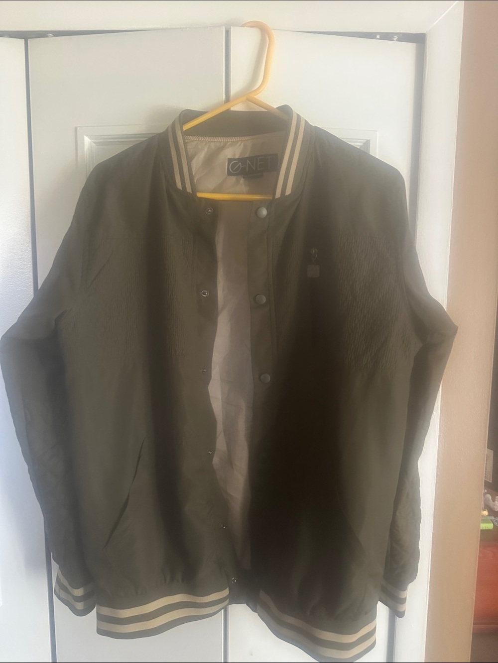 Olive Green Bomber Jacket with Stripe Trim